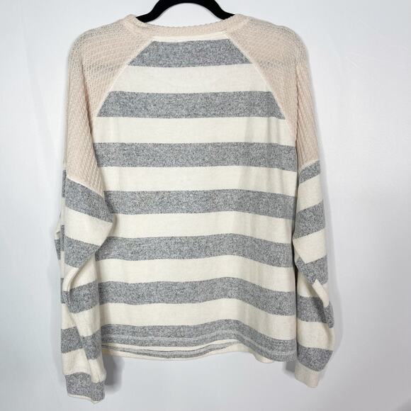 Hem & Thread Medium M Cream Gray Wide Striped Waffle Knit Pullover Sweater Crew - Picture 2 of 7